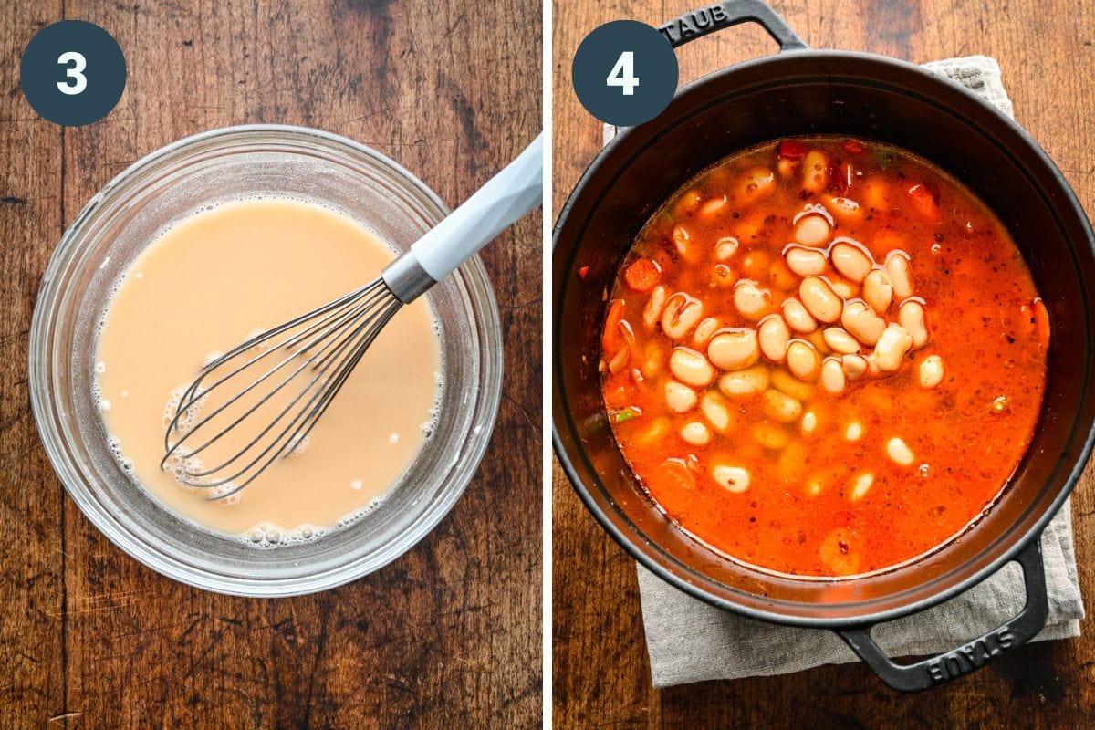 Left: whisking the flour and broth together. Right: adding the broth and beans into the pot.