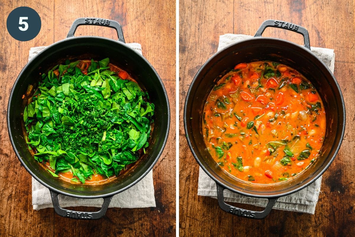 Left: adding the spinach into the pot. Right: finished butter bean stew.