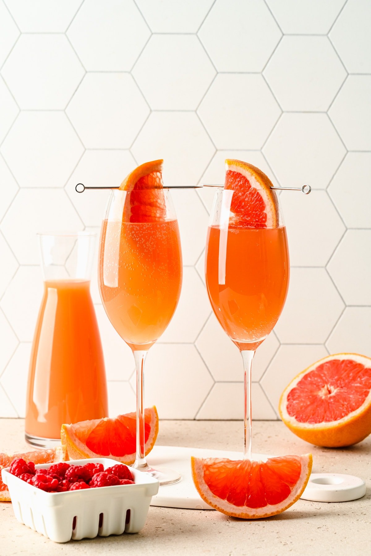 Finished grapefruit mimosa with a grapefruit garnish.