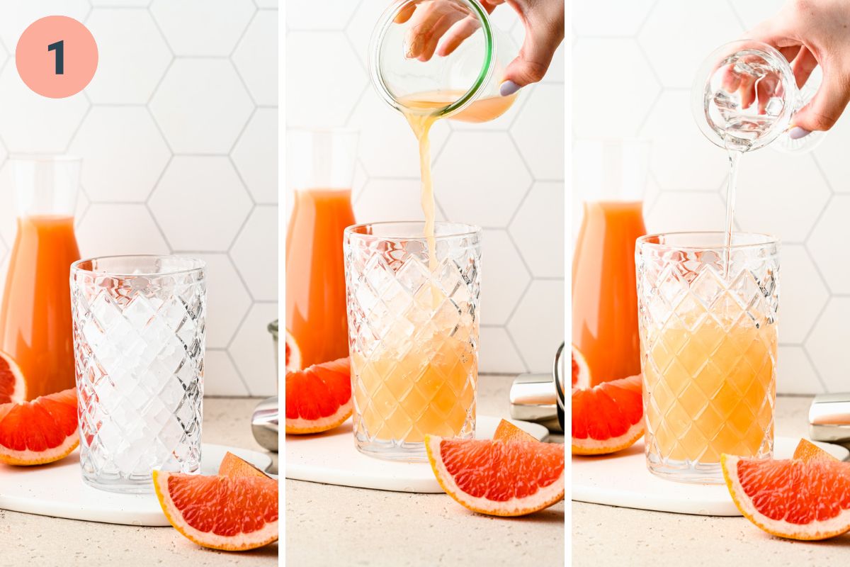 Pouring the ingredients into a cocktail shaker with ice.