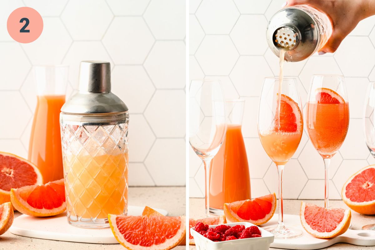 Left: cocktail in the shaker. Right: straining the cocktail into a glass.