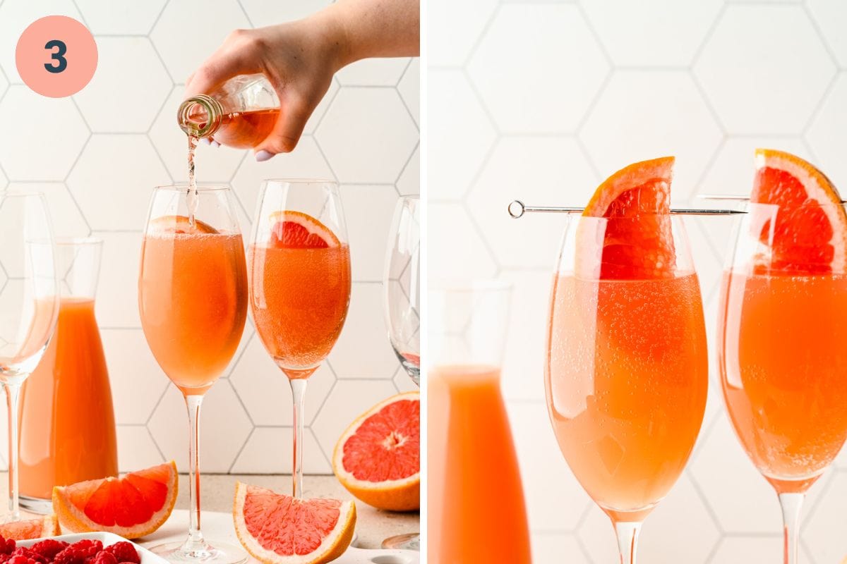 Left: topping the cocktail with rosé. Right: finished grapefruit mimosa.