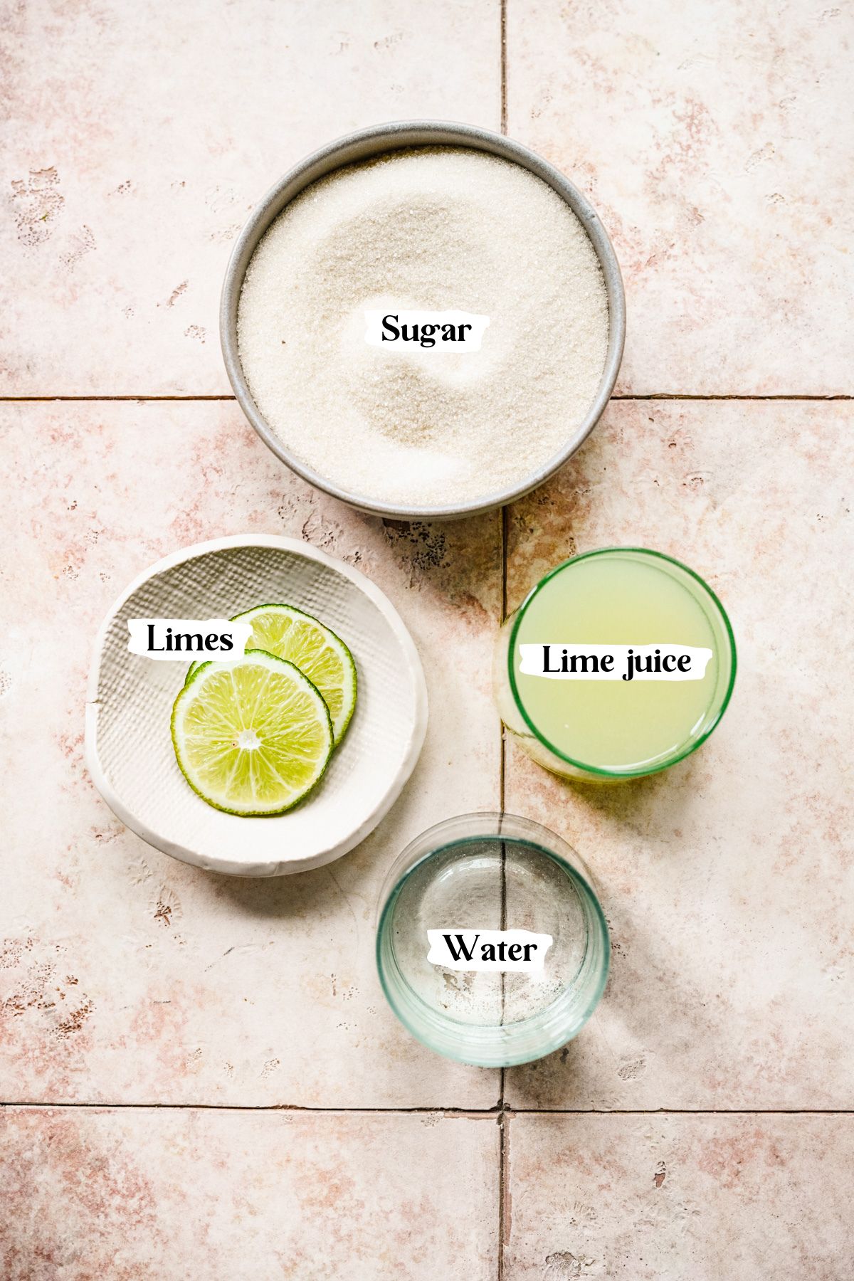 Lime simple syrup ingredients including water and lime juice.