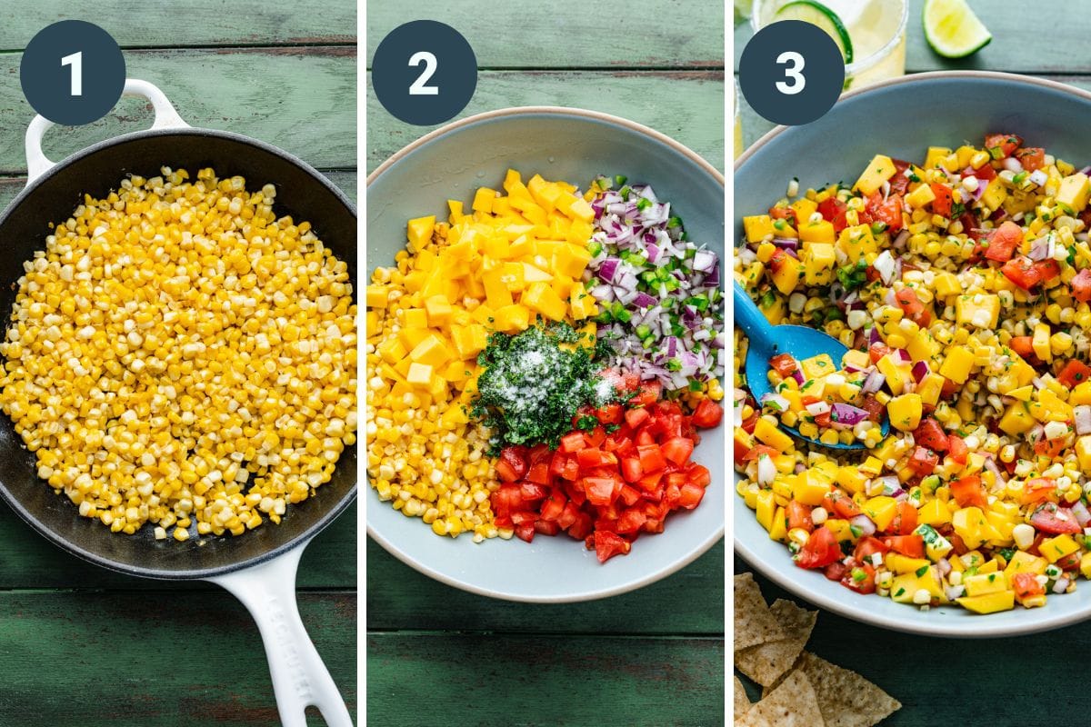 The three steps of preparing the mango corn salsa.