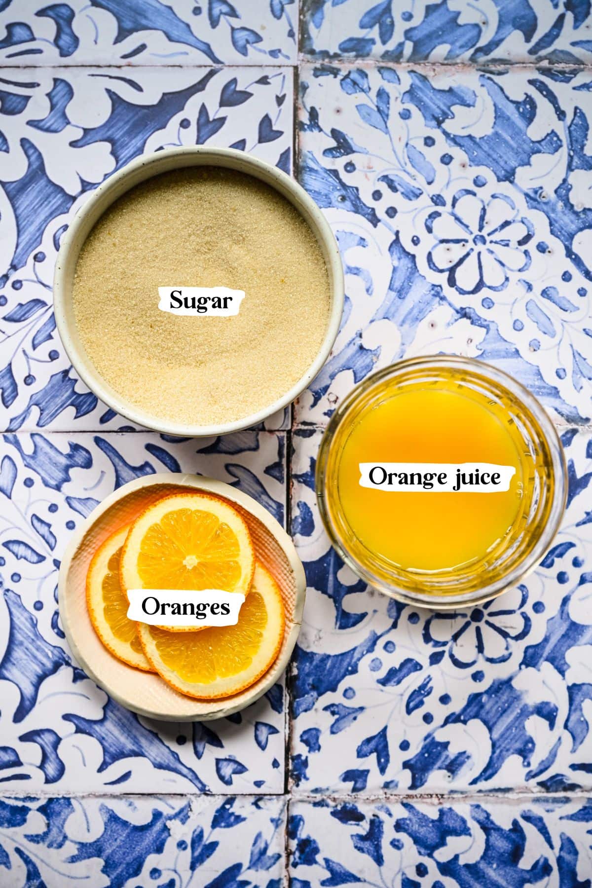 Orange simple syrup ingredients including orange juice and sugar.