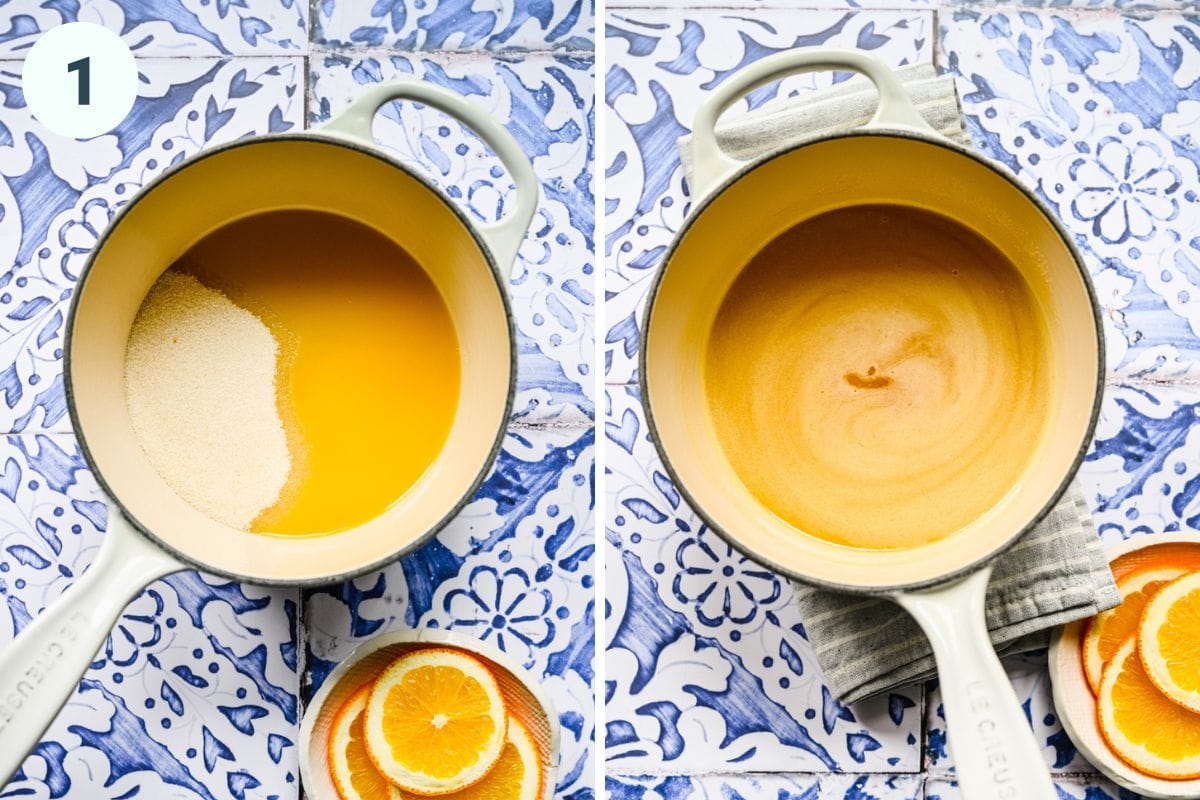Left: the sugar and orange juice in a saucepan. Right: the sugar dissolved into the orange juice.