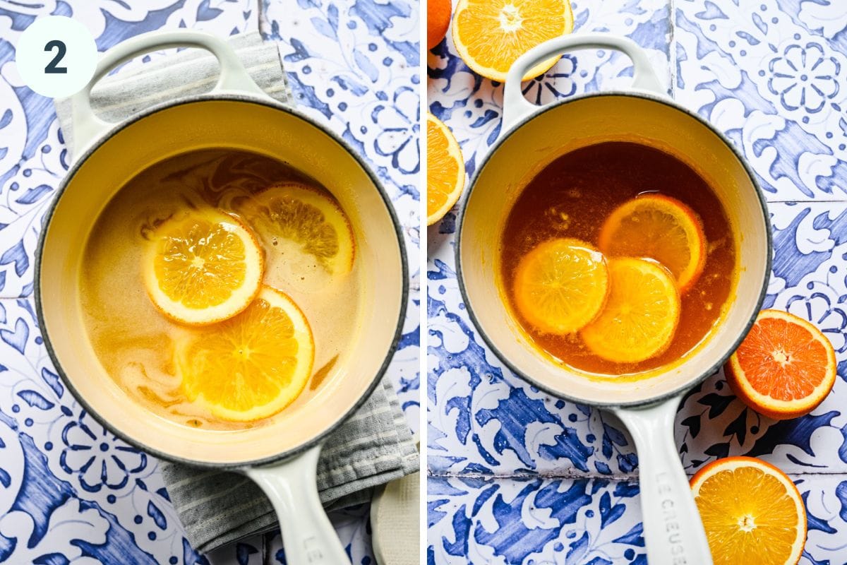 Left: adding the orange slices in. Right: finished orange simple syrup.