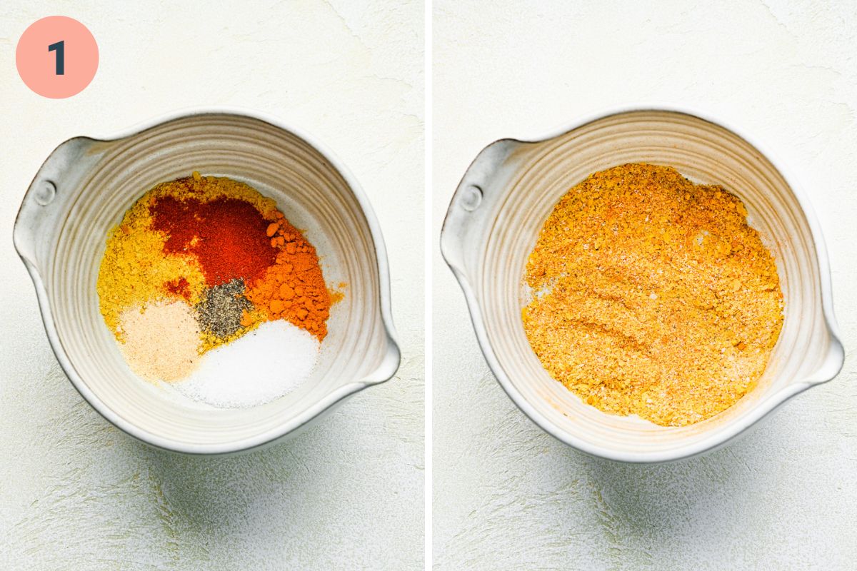 Left: all the spices in a bowl. Right: mixing the spices together.