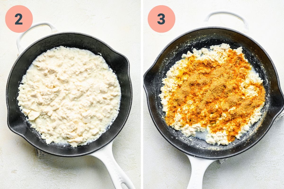 Left: silken tofu cooking in a pan. Right: adding in the seasoning to the tofu.