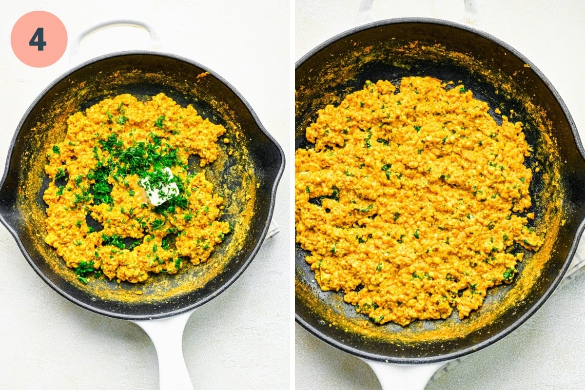 On the left: adding in nondairy butter and parsley. On the right: finished dish.