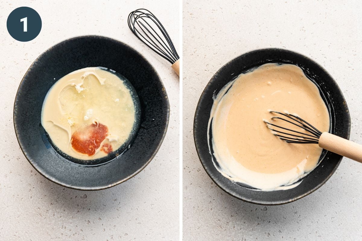 Left: spiced tahini ingredients in a bowl. Right: whisking the spiced tahini sauce together.