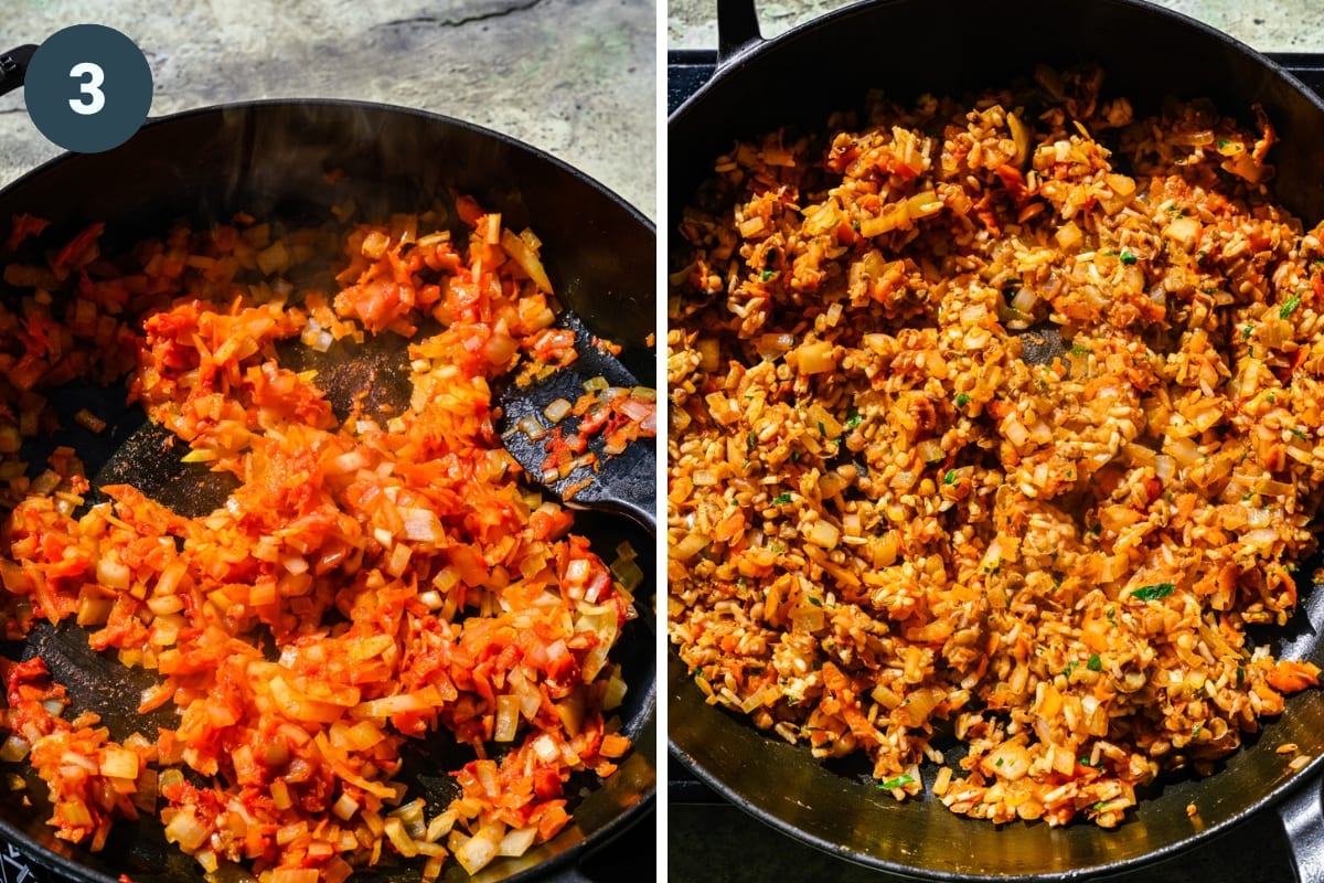On the left: adding carrots to onions. On the right: adding lentils to onion and carrot mixture.