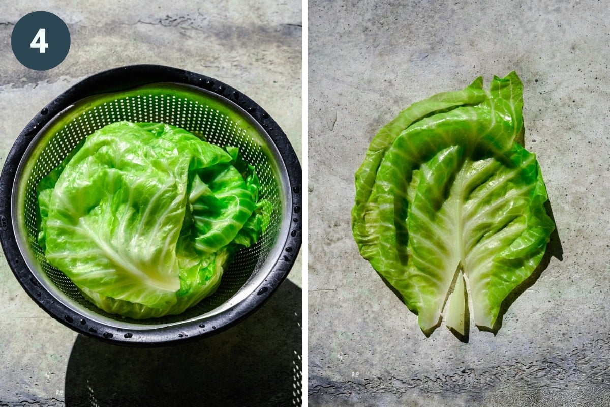 On the left: boiled cabbage draining out in a colander. On the right: leaf removed from cabbage.