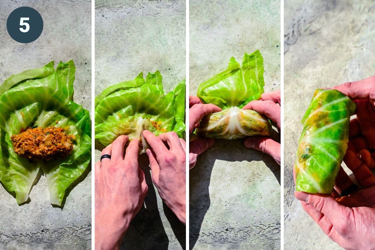 Four panel view of rolling up a cabbage leaf with filling like a burrito.