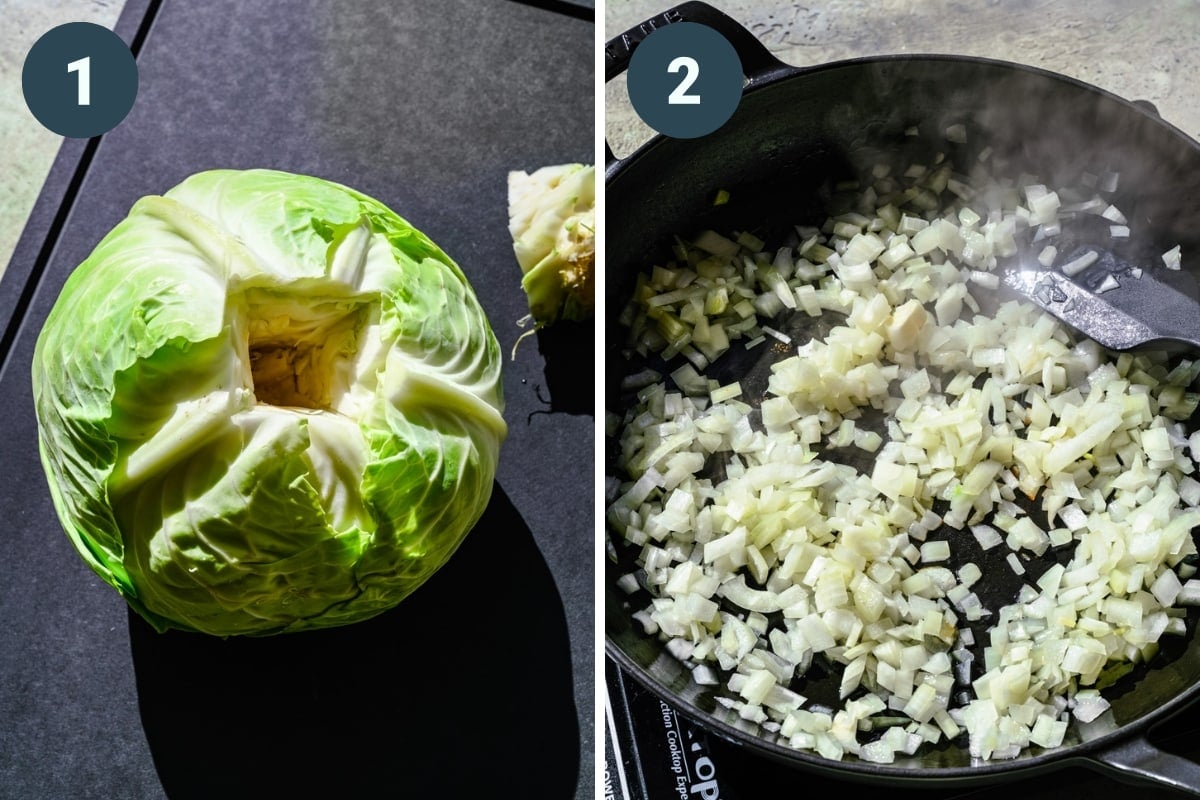 On the left: cored cabbage. On the right: cooking onions.