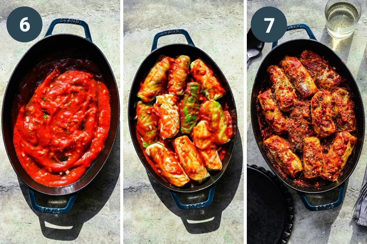 Three panel view of laying down sauce in an oval pan, adding cabbage rolls, and the final cooked version.