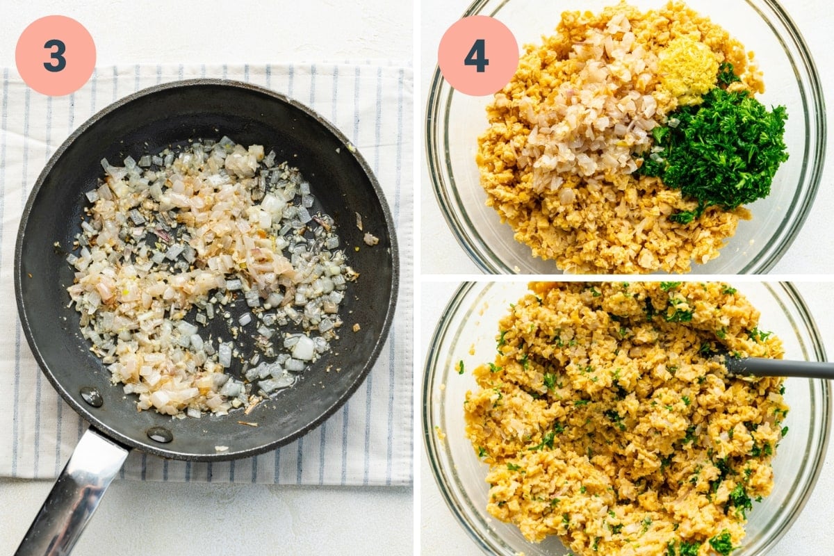 On the left: cooking shallots. On the right: stirring in spices, lemon zest, and parsley.