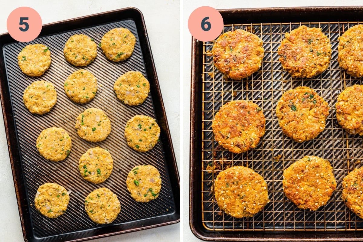 On the left: raw patties. On the right: cooked patties.