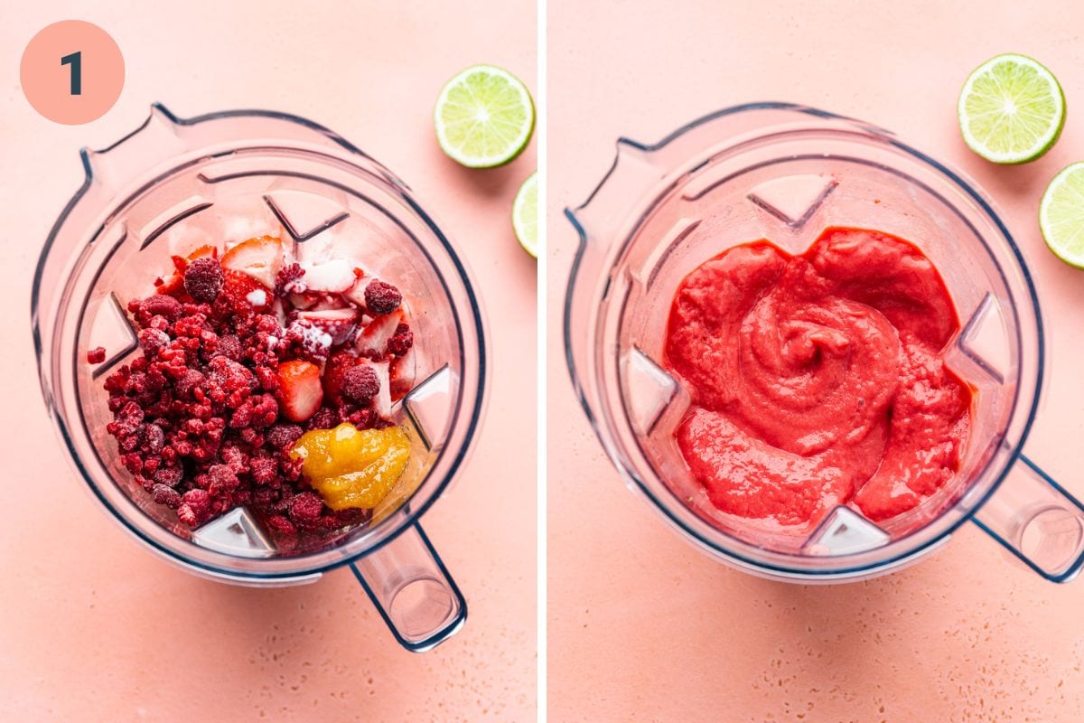 Left: smoothie bowl ingredients in a blender. Right: blended smoothie bowl.