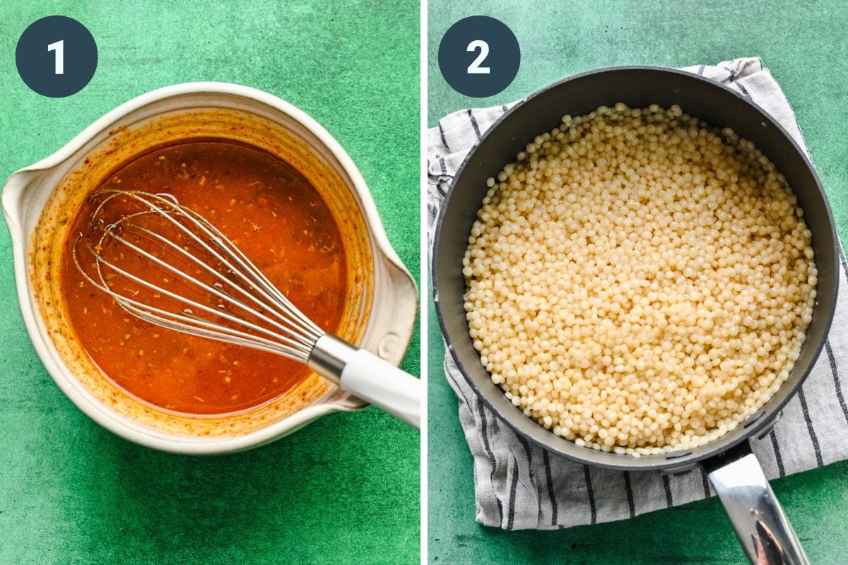 Left: whisking the dressing together. Right: cooked couscous in a saucepan.