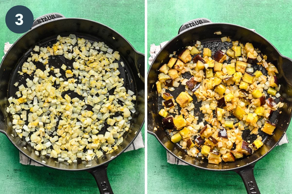 Left: cooking the onions and garlic. Right: adding in the eggplant and lemon zest.