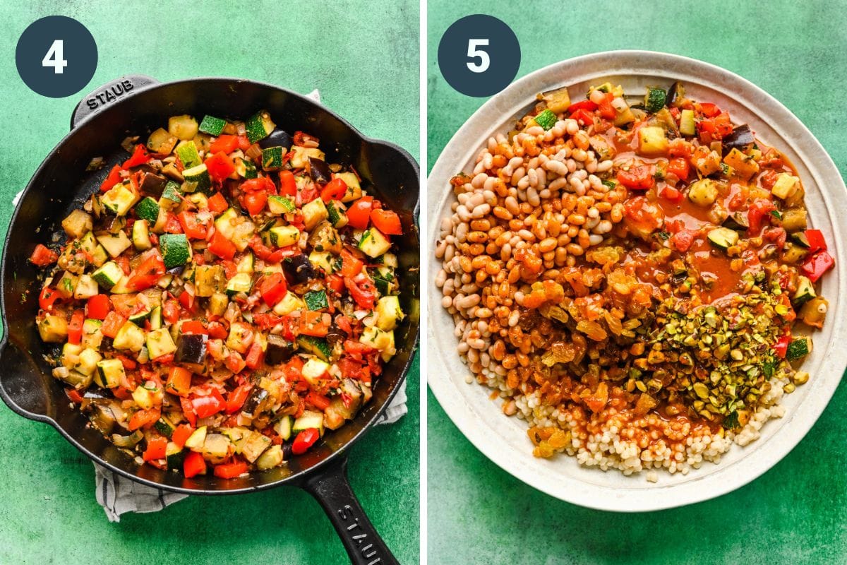 Left: adding in the rest of the veggies to the onion mixture. Right: tossing together all the ingredients in a bowl.