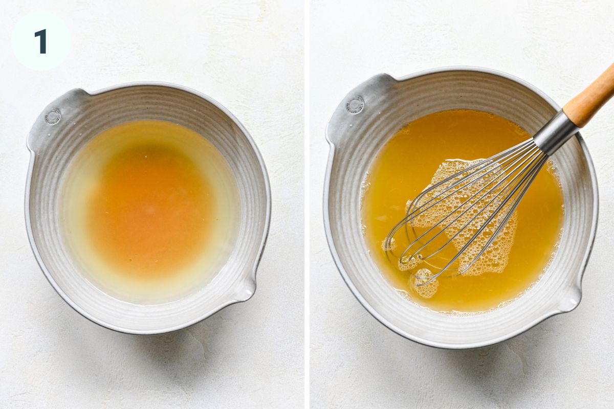 Left: the lemon juice, water, and honey in a bowl. Right: whisking them all together.