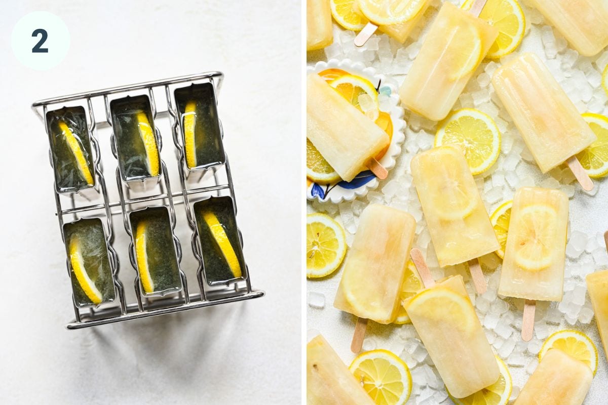 Left: placing the popsicle mixture into molds. Right: finished lemon popsicles.