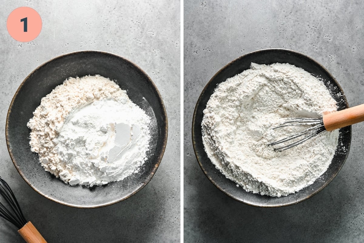 Two panel view of stirring together the dry ingredients for the ladyfingers.