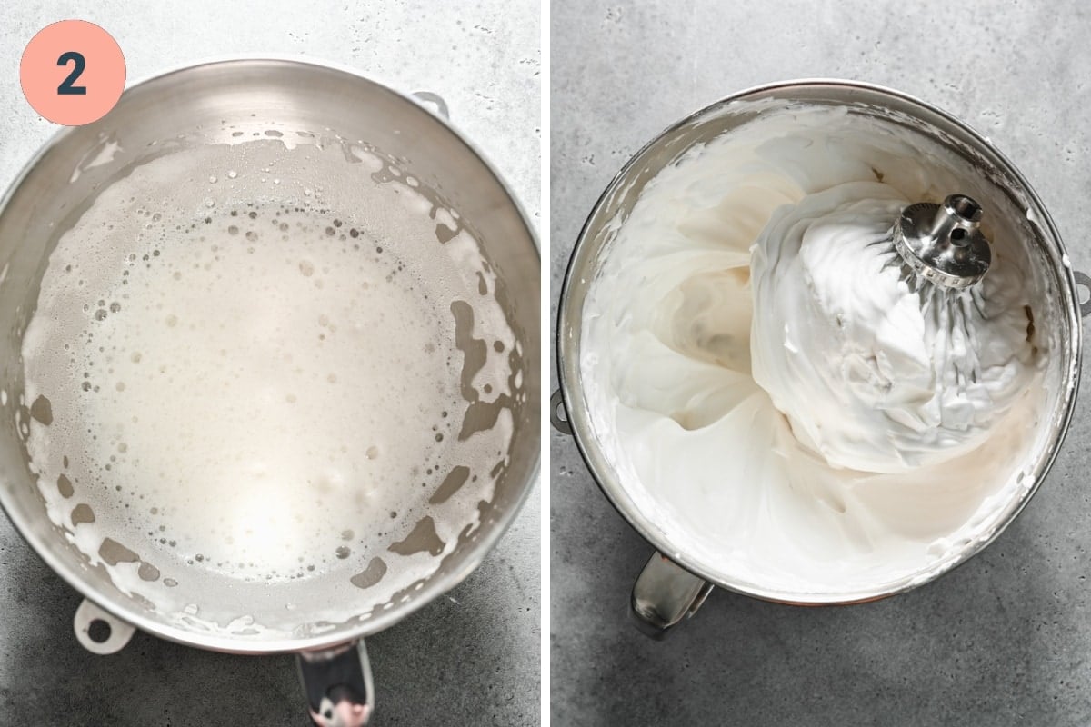 Whipping up aquafaba in a mixing bowl.