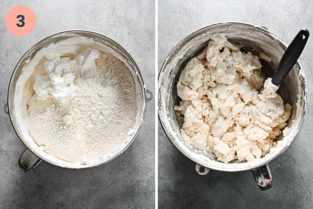 Mixing together the dry ingredients and the wet ingredients in a stainless steel mixing bowl.