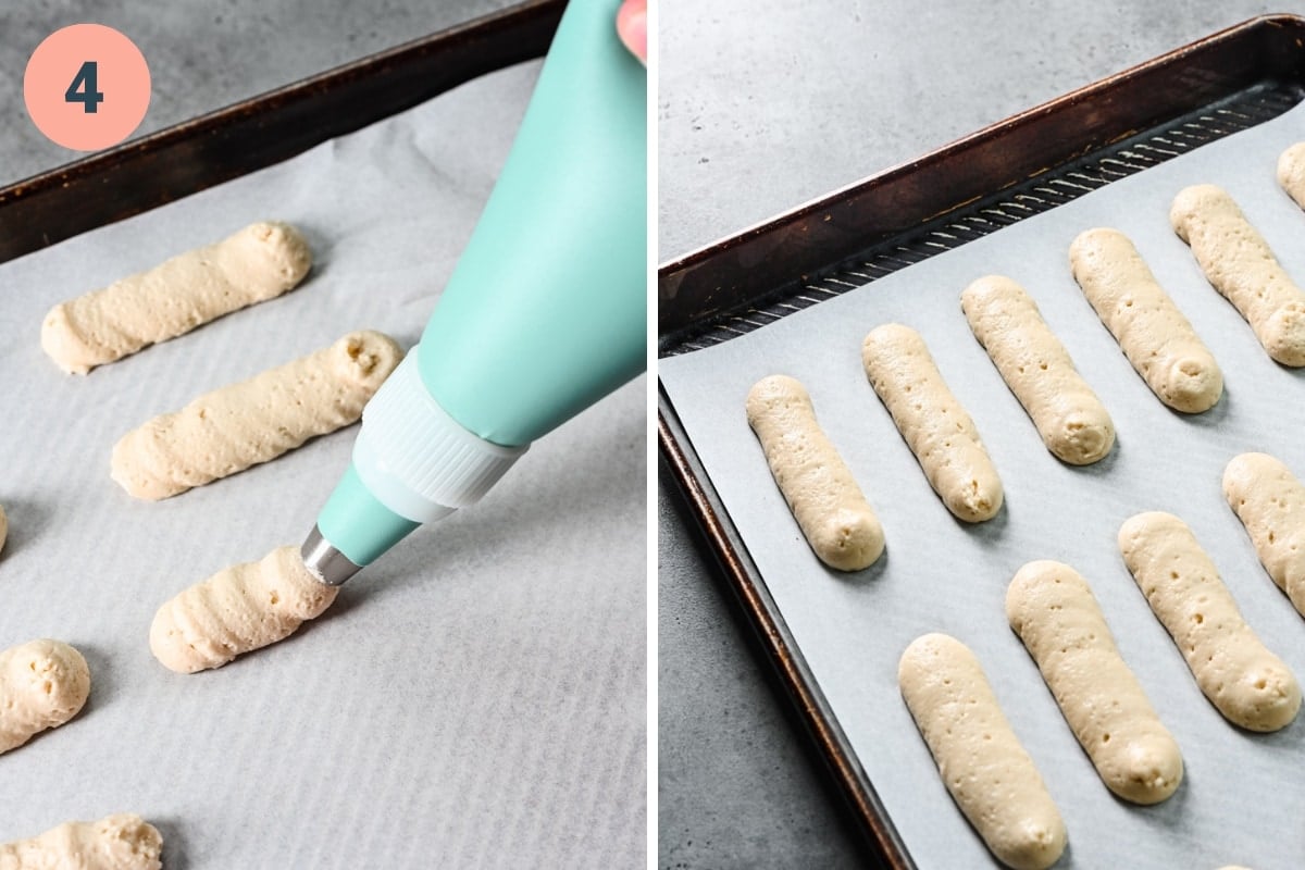 Piping out the ladyfingers on to a sheet of parchment paper.