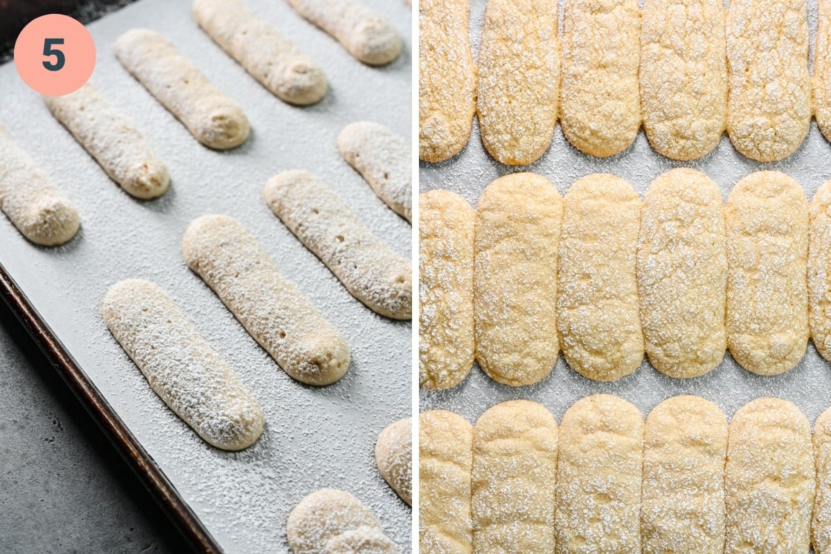 Before and after of the raw and baked ladyfingers on a sheet pan.