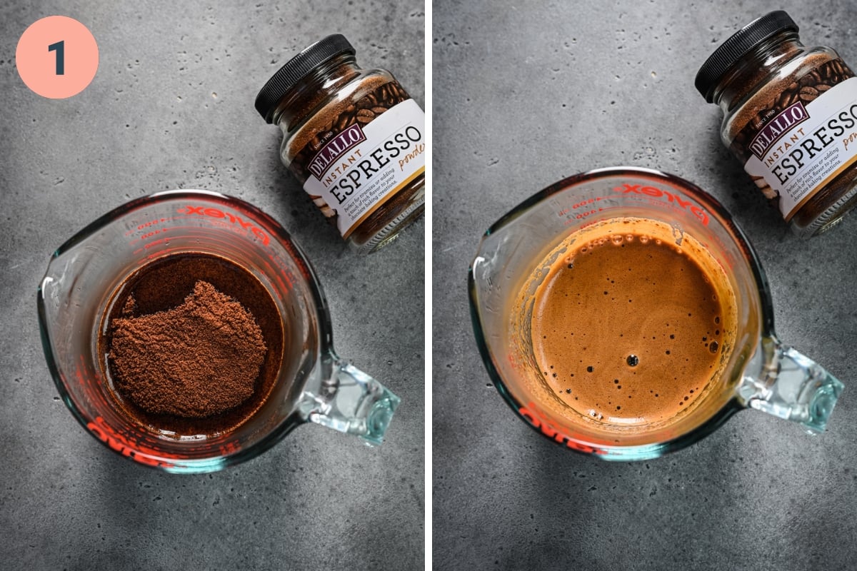 Two panel view of stirring instant espresso powder in a measuring cup.