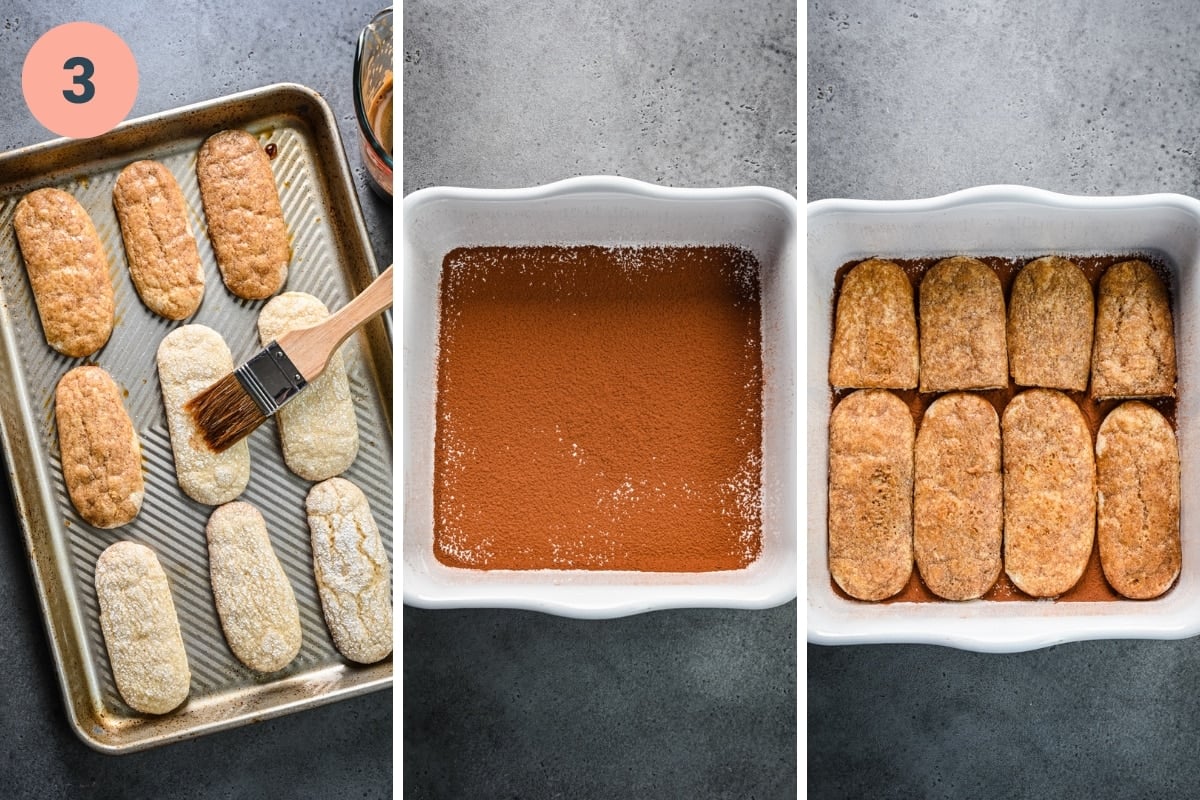 Three panel view of brushing ladyfingers, then dusting bottom of baking dish with cocoa, then laying ladyfingers inside.