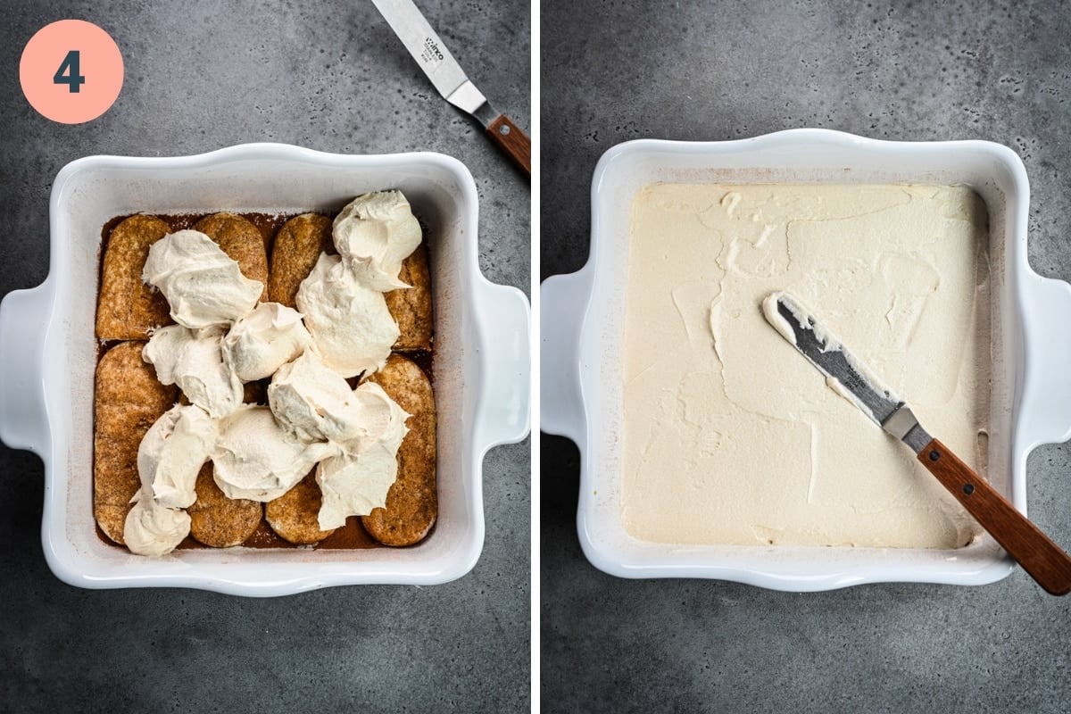 Adding layers of cream atop the ladyfingers.