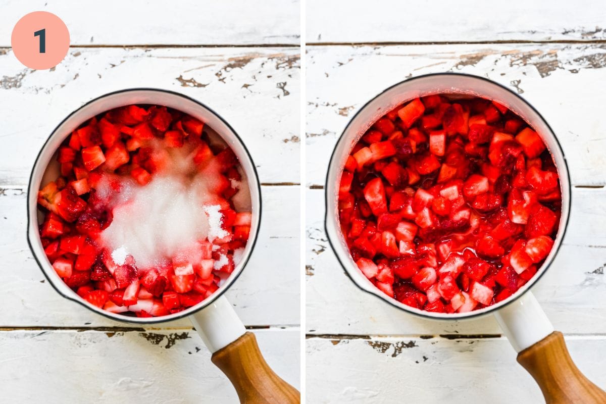 Left: strawberry coulis ingredients before mixing. Right: strawberry coulis ingredients after mashing.