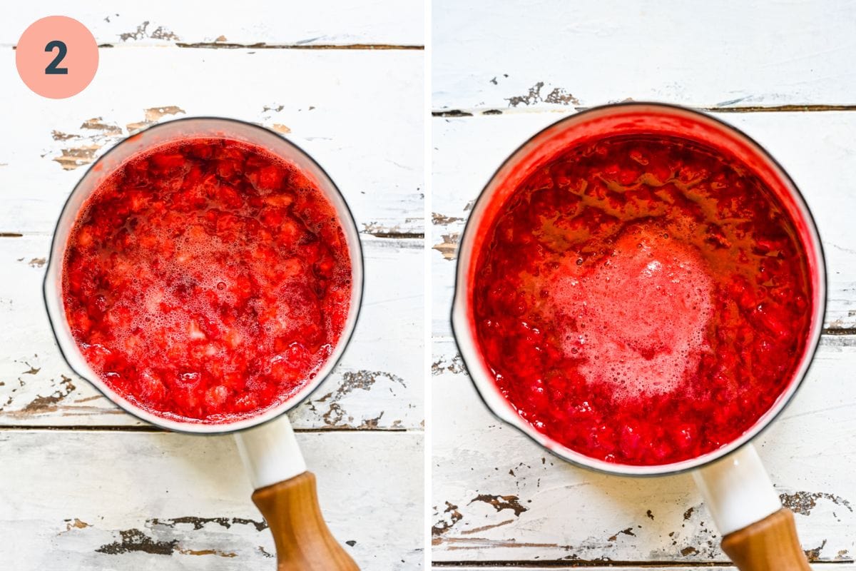 Left: strawberry coulis ingredients while heating. Right: strawberry coulis mixture with heating and mashing.