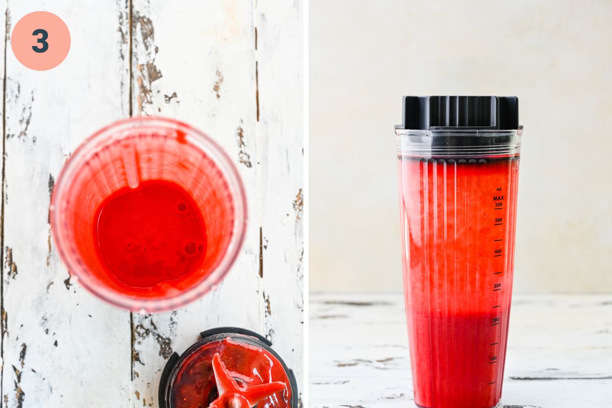 Left: overhead of the strawberry coulis in the blender. Right: strawberry coulis in the blender.