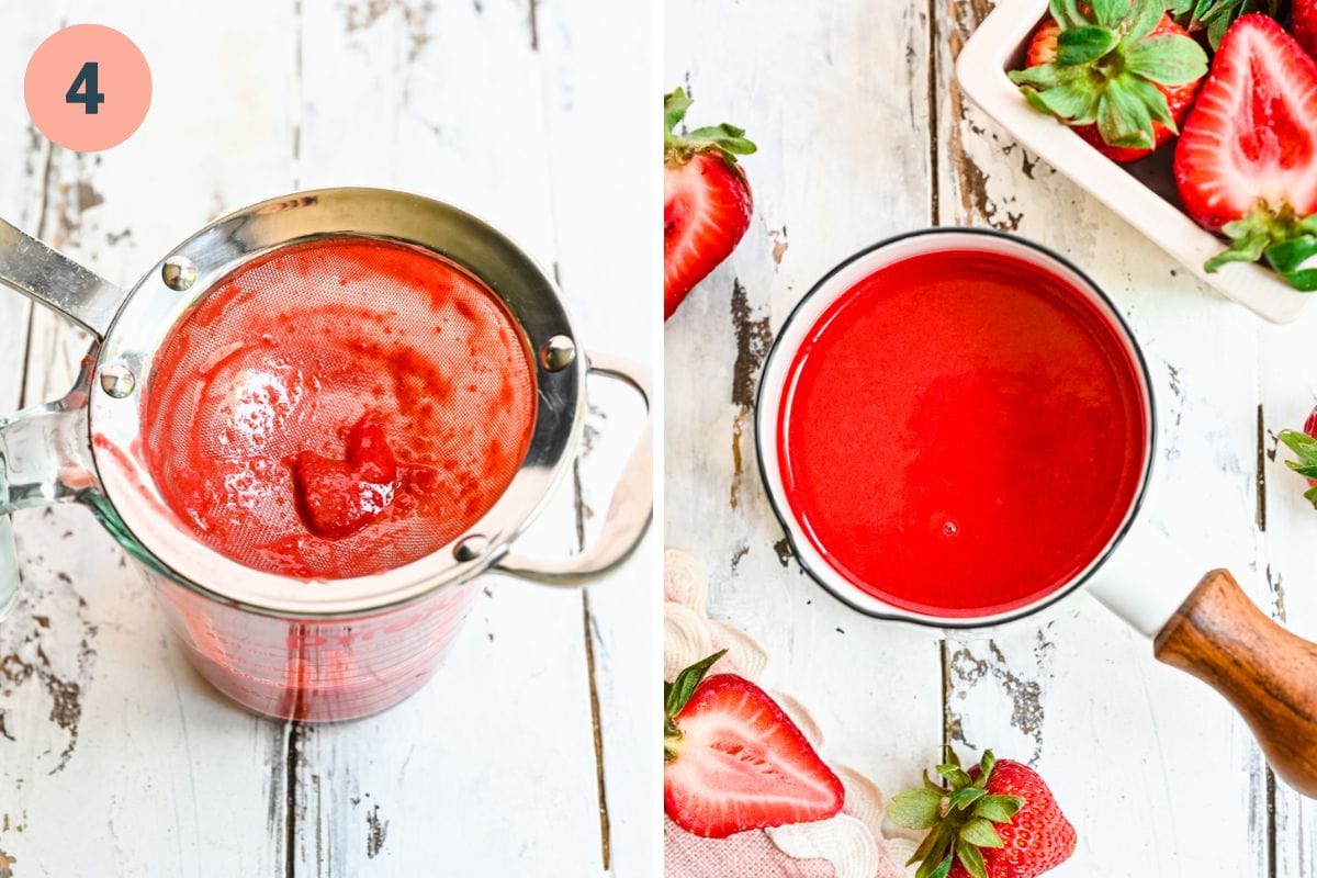 Left: straining the strawberry coulis through a mesh sieve. Right: finished strawberry coulis.