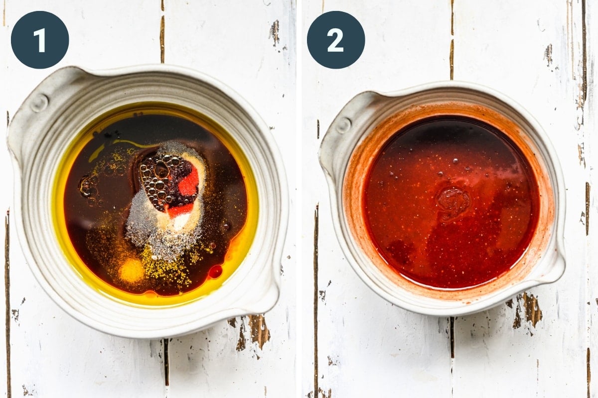 On the left: adding ingredients to bowl. On the right: ingredients after stirring together.