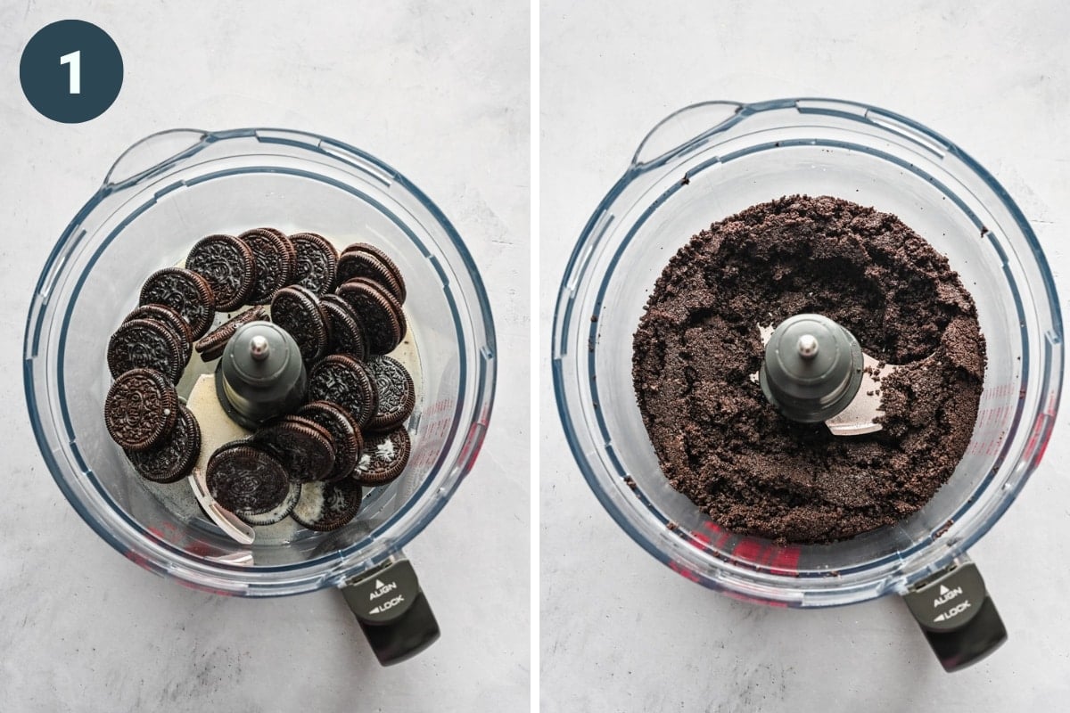 Overhead view of oreo crust in food processor before and after pulsing.