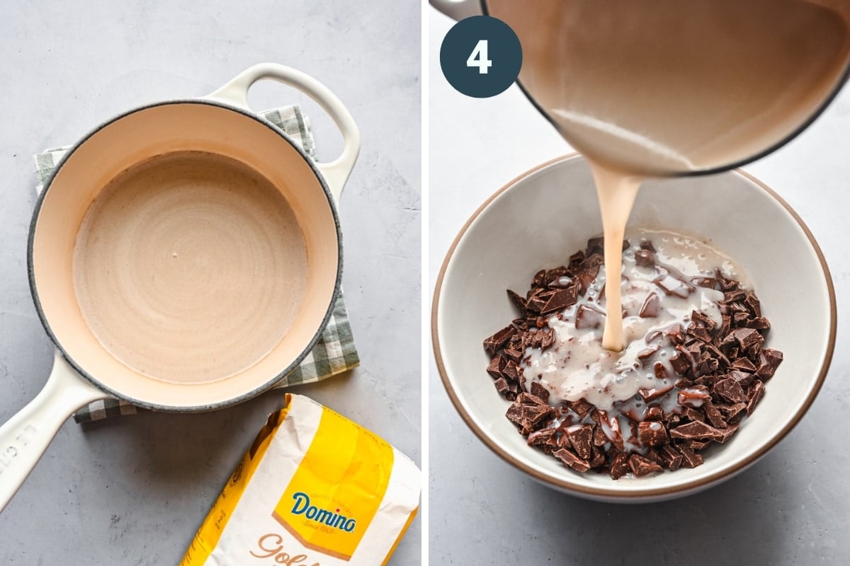 on the left: coconut milk mixture in saucepan. on the right: pouring mixture over chopped chocolate.