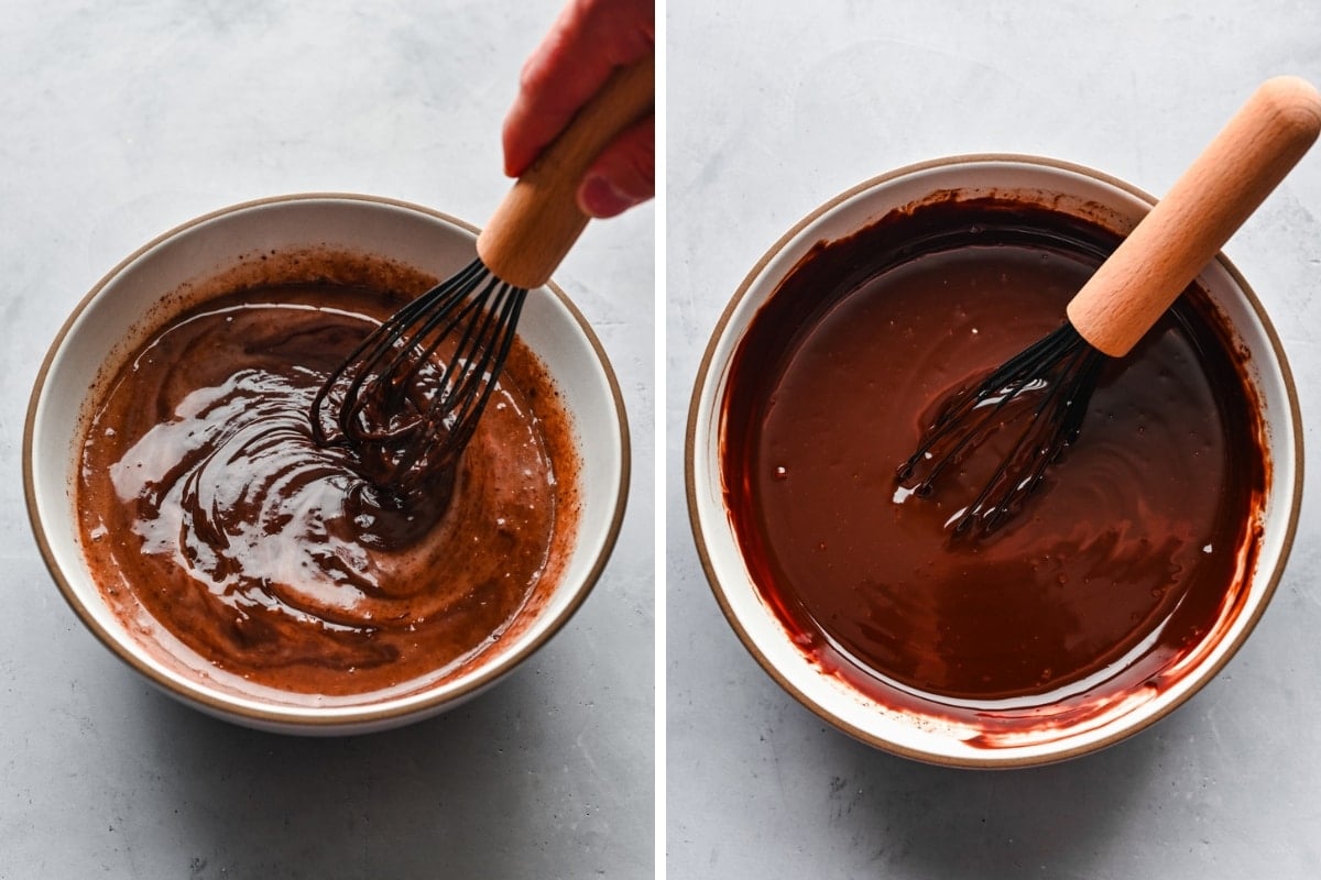 Whisking chocolate ganache in white mixing bowl.