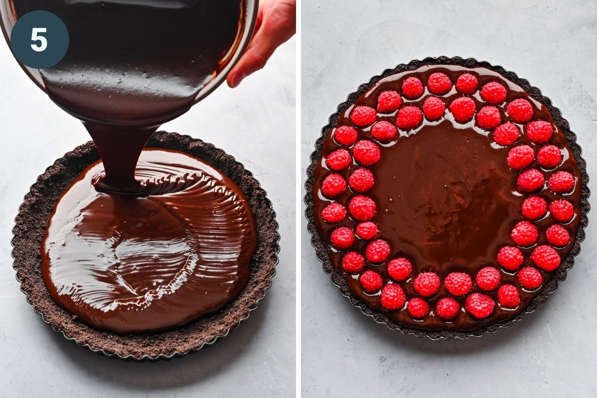 on the left: pouring chocolate ganache into crust. on the right: finished raspberry chocolate tart. 
