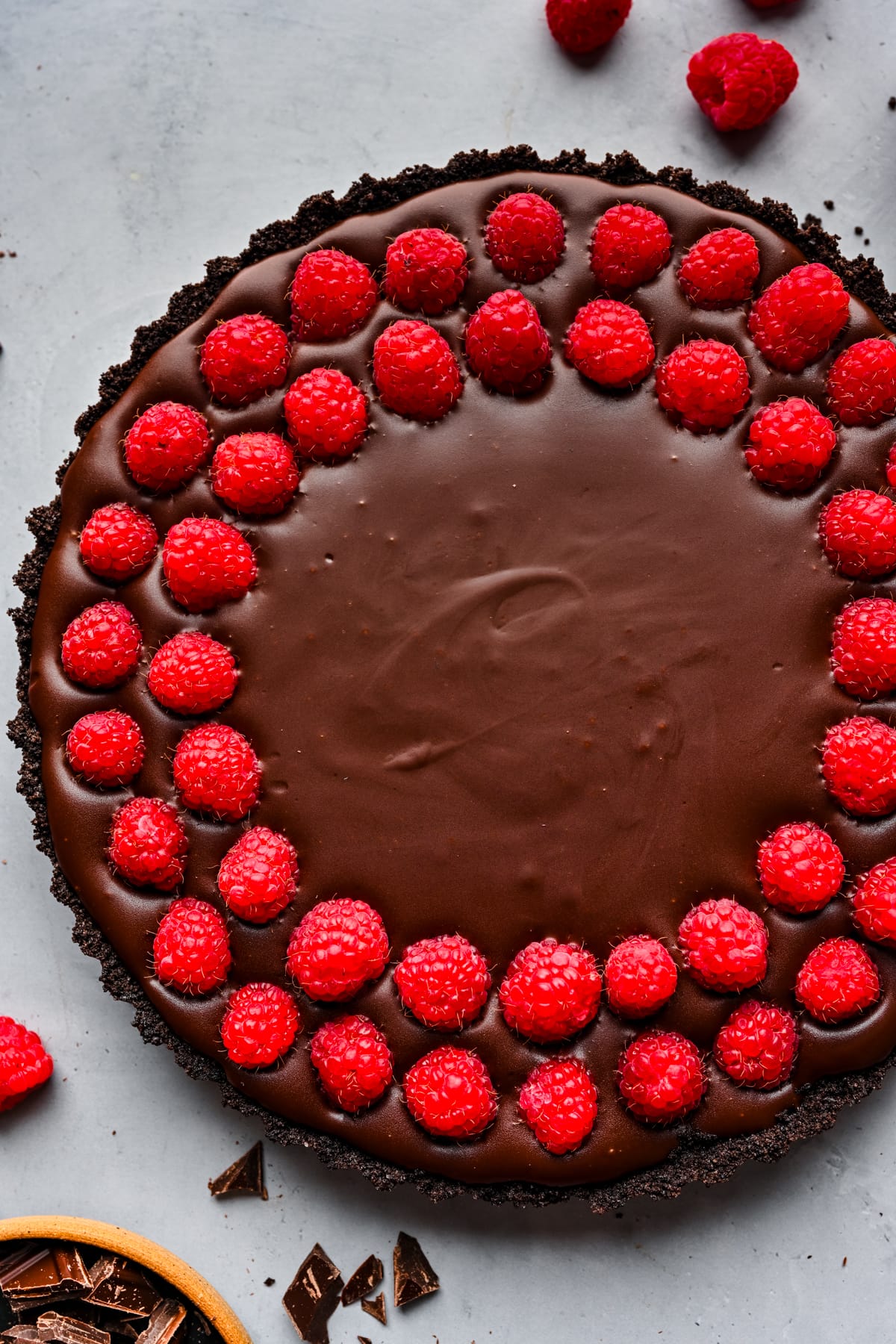 Overhead view of chocolate raspberry tart.