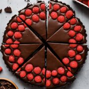 Overhead view of chocolate raspberry tart.