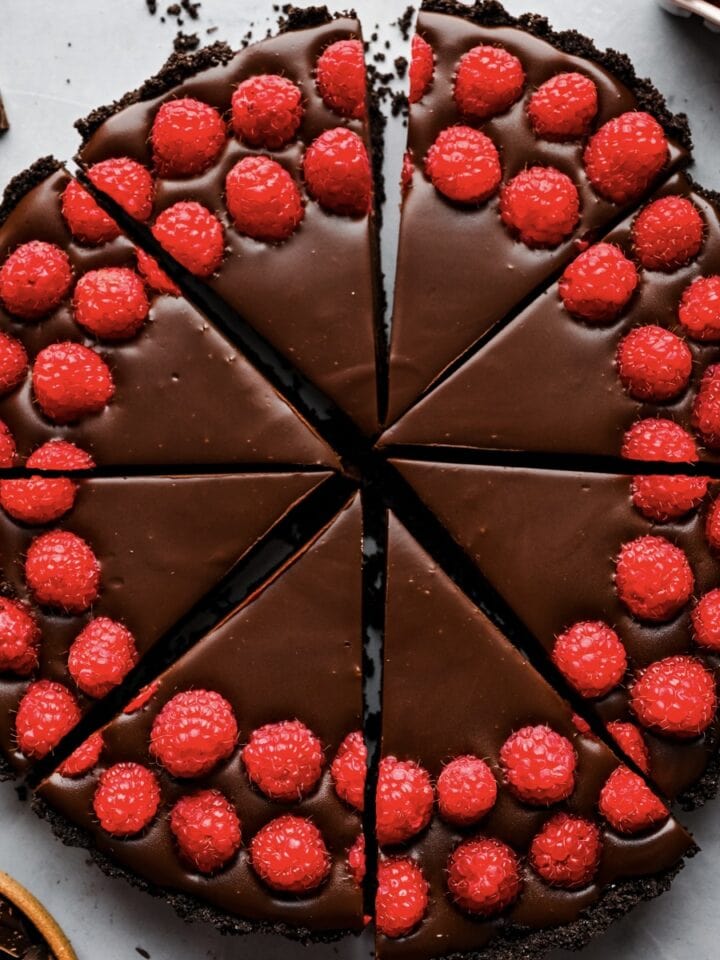 Overhead view of chocolate raspberry tart.