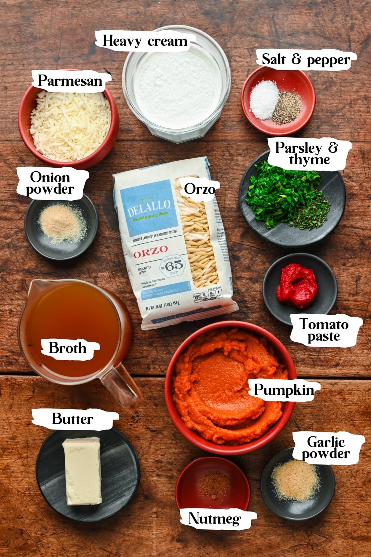 Overhead view of ingredients for pumpkin orzo with text labels.