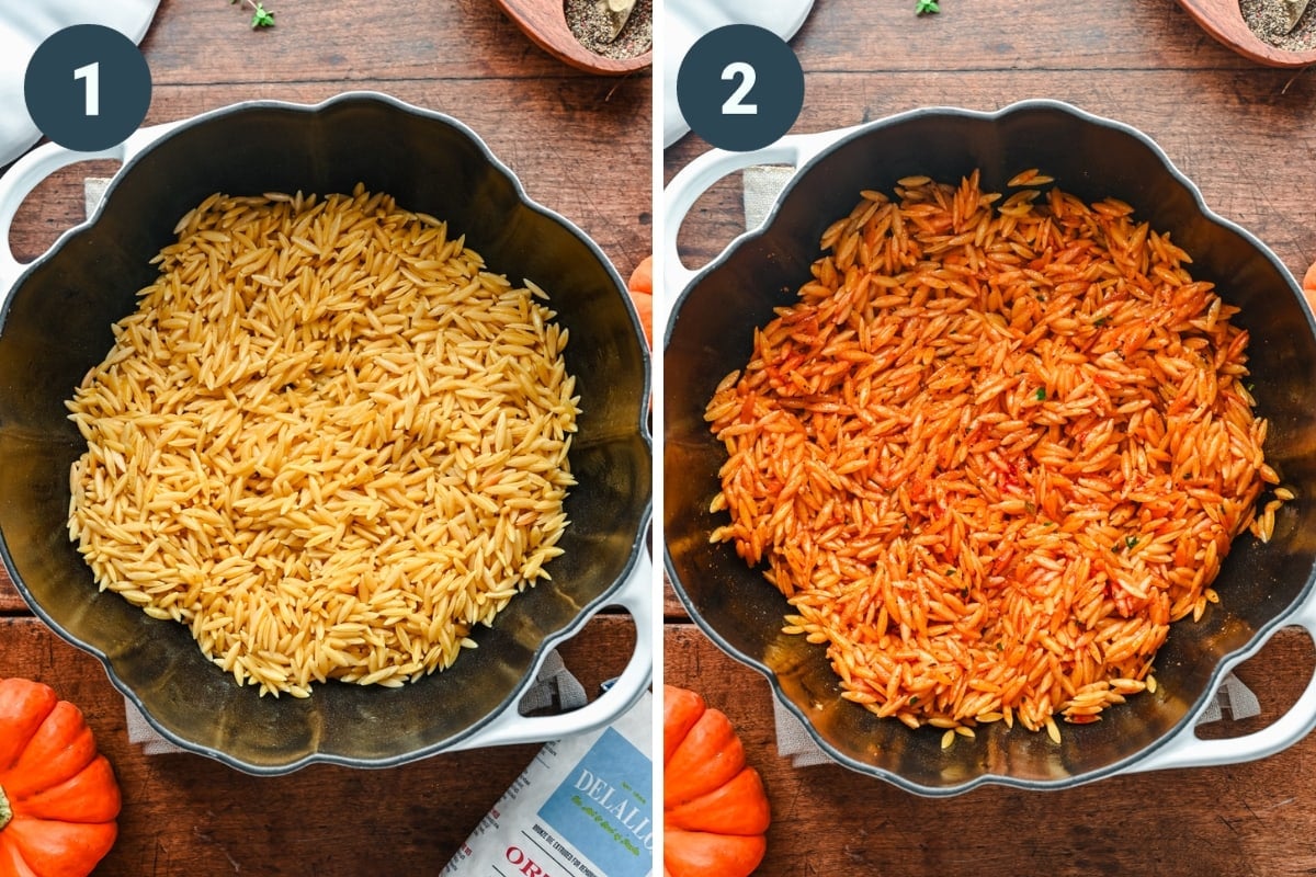 Orzo in a pan before and after adding tomato paste and spices. 